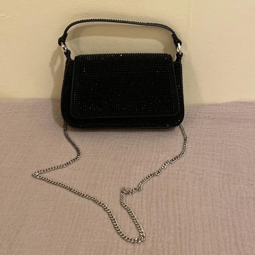 Mango MINI RHINESTONE CHAIN BAG Elegant Black Beaded Handbag